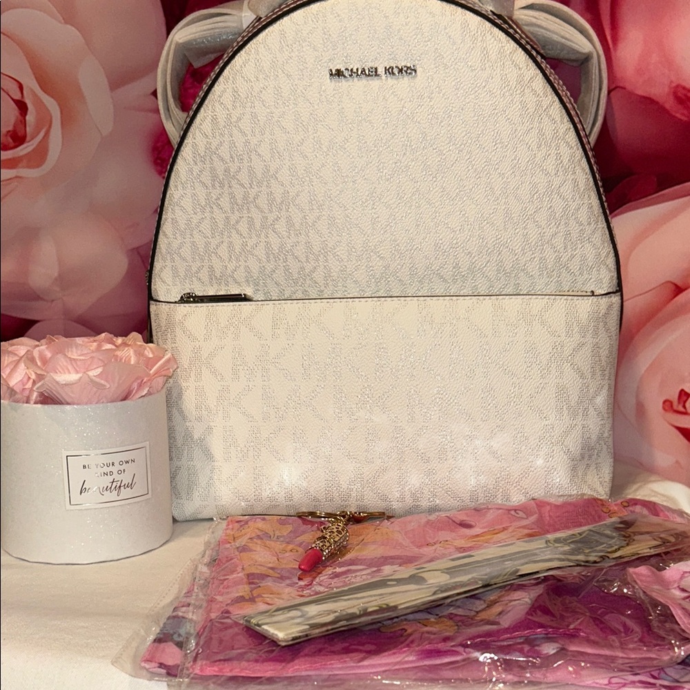 Michael Kors Cream/White MK Logo Dome Backpack